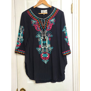 L&B Embroidered Top Colorful Southwestern Boho Tunic Henley Snap Up Size L